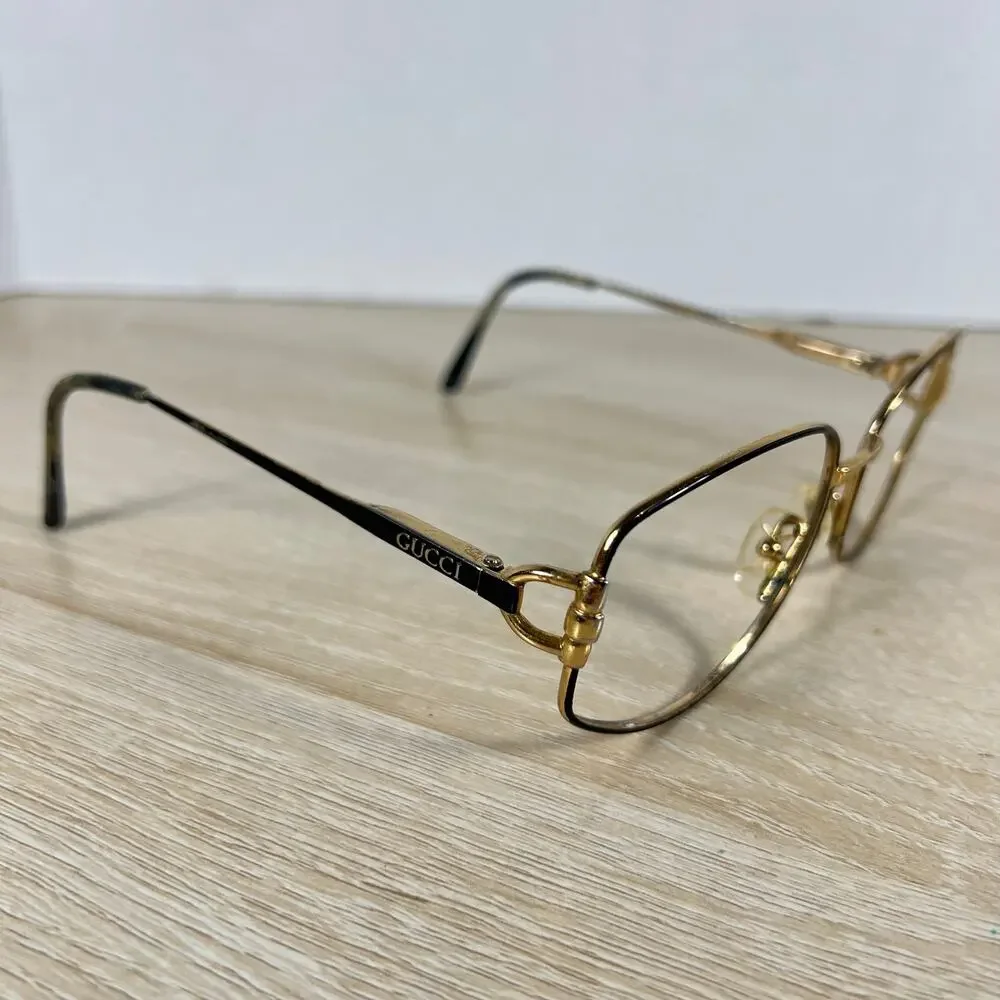 Vintage Gucci GG2278 Eyeglasses Gold Black Metal Oval Horse Bit Italy 58-17-135
